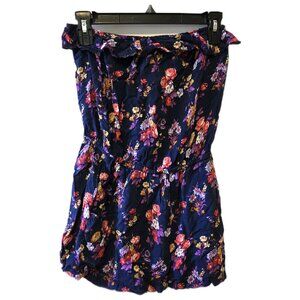 Vintage Y2K Strapless Floral Romper Ruffle Pockets Cottage Beach Navy Pink Sz M